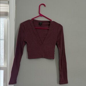 Ribbed V-Neck Long Sleeve Top - Burgundy Women size XS